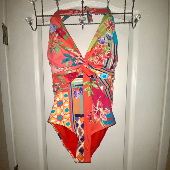 Johnny Was twist floral color one piece swimsuit halter NWT Small - Picture 2 of 6